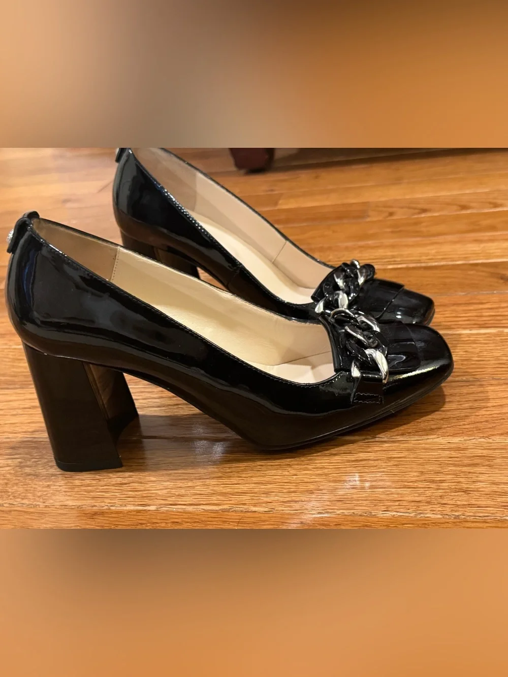 Nero Giardini Patent Leather Black Chain-Trim Block Heel Pumps